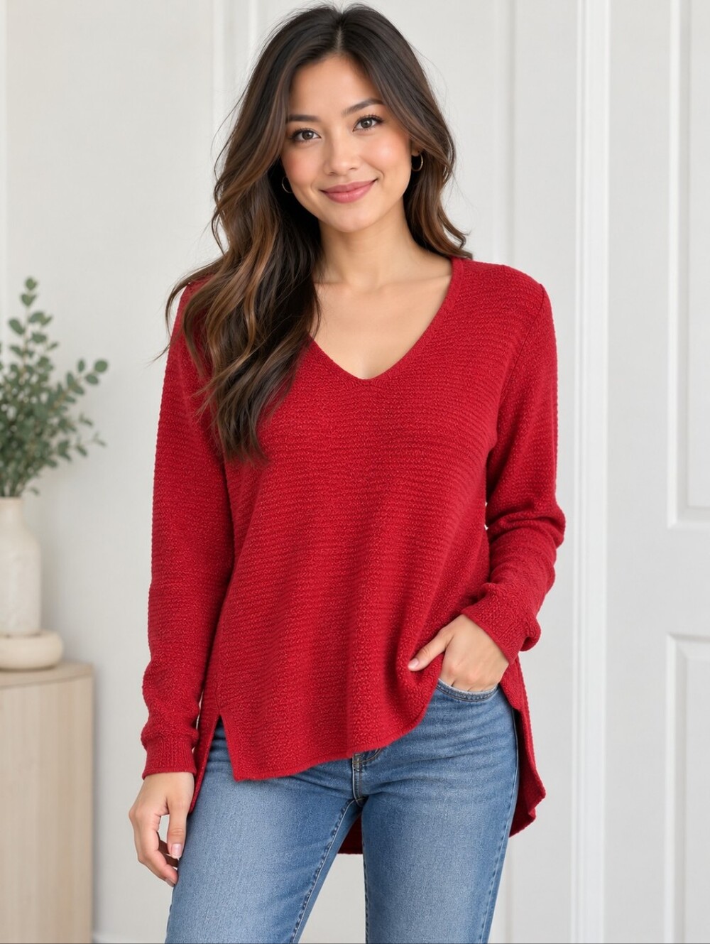 Old Navy Burgundy V-Neck Textured Knit Sweater XS